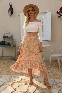 Skirts Happie Queens Fashion Vintage Women Beach Bohemian Floral Peacock Print Skirt High Elastic Waist Maxi ALine Boho Femme 230607