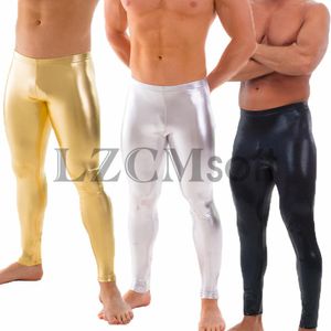 ズボンlzcmsosft mens spandex光沢のあるメタリックゴールドダンスレギンスローウエストステージパフォーマンスコスチュームパンツスキニーレギンス大人用