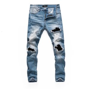 Men's Jeans Men Jeans Hole Crease Street Clothing For Boys Patch Slim Pencil Pants Skinny Blue Grey Zipper Pocket Top Quality 230607