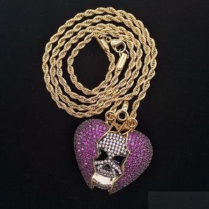 Pendant Necklaces New Fashion 18K Gold Hip Hop Personalized Skeleton Broken Heart Chain Necklace Colorf Iced Out Purple Cz Cubic Zir Dh1Sw