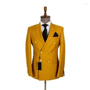 Men's Suits Golden 2Pieces Men Custom Made Handsome Cotton Spring Wedding Blazer Trousers Yellow 2 Button Formal Party Wear Coat Pants