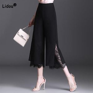 Capris Commute for Women 2022 Summer Chiffon Lace Splicing Seven Points Pantaloni Semplicità Etereo Pantaloni a gamba larga neri a vita alta