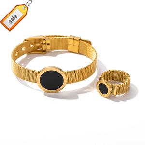 Cinturino regolabile placcato in oro 18 carati Cintura larga Orologio romano rotondo nero Bracciale a forma di anello in acciaio inossidabile