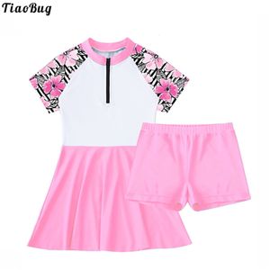 두 피스 Tiaobug Summer Kid Girls 2PCS 수영복 스탠드 칼라 짧은 슬리브 전면 지퍼 수영 드레스 반바지 비키니 수영장 해변 정장 230606