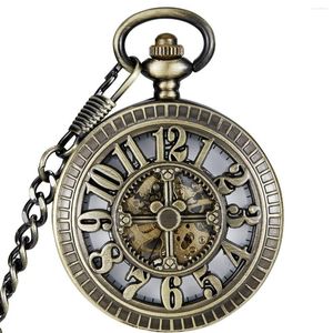 Pocket Watches vintage arabiska siffror Mekaniska skelett ihåliga hängen halsband kedja hand vind män damer manliga gåvor