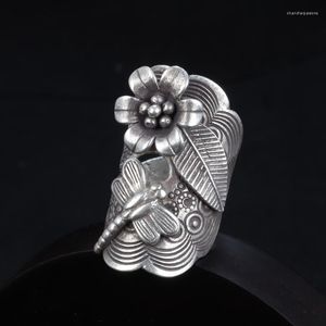 Cluster Rings BOCAI 2023 Fashion S925 Sterling Silver Handmade Dragonfly Leaf Flower Wide Exaggeration Woman Ring Long Opening