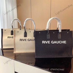 Fashion Rive Gauche Linen Leather Tote Bag Large Capacity 48cm Women Handbags Men Light Canvas Shopping Bags Weave Pocket Summer Travel Beach Bags Star Style 230607