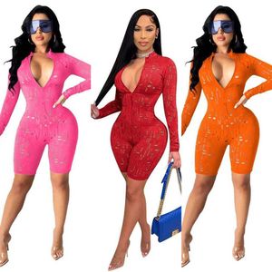 Summer Zipper Jumpsuits Womens Burnt Flower Hole Sexy Onesies Designer Overalls V-neck Rompers Bodycon Shorts