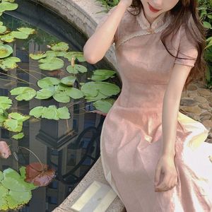 Etniska kläder 2023 Kinesiska förbättrade rosa spetsar cheongsamklänning Gentle Elegant Short Sleeve Loose Style Qipao Fairy for Women G810