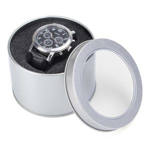 Lägsta silver Round Metal Jewelry Watch Present Box Display Case With Cushion 3 54x2 36 Watch Organizer Box Holder Glitte225s