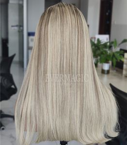 Evermagic None Layerd Lace Front Human Hair Wigs Balayage Highlight Platinum Blonde Super Natural Hair Line