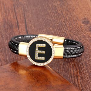 Chain Cubic Zirconia Initial Letter Bracelet For Men Round Natural Stone Black Woven Leather Rope Chain CZ Alphabet Bracelets Jewelry 230606