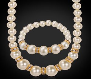 Women039s Pearl Necklace 18K Real Gold Plated Pearl Jewelry Set Rhinestone Crystal Luxury Beaded Bracelet Set4161386