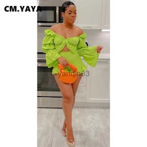 Women's Two Piece Pants CM.YAYA Fashion Holiday Women's Set Lantern Sleeve Pleated Blouse and Flare Shorts Suit INS 2023 Two 2Piece Set Outfit Tracksuit J230607