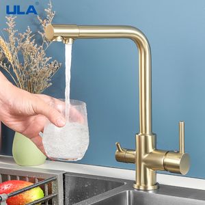 Badezimmer-Waschtischarmaturen ULA Filtered Kitchen Faucet Gold Purifier Faucet Dual Sprayer Trinkwasser-Mischbatterie Düse Messing Kitchen Sink Mixer Torneira 230606