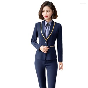 Calças femininas de duas peças moda formal azul marinho ternos profissionais com jaquetas e terninhos de escritório femininos blazers