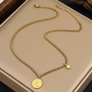 Chains AENSOA 316L Stainless Steel Gold Color Stars Round Pendant Necklace For Women Trendy Thin Chain Choker 2023 Gift