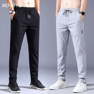 Mäns byxor Summer Men's Casual Pants Thin Soft Soft Elasticity Lace-up midja Solid Color Pocket Applique Korea Gray Black Work Byxor Male 38 230607