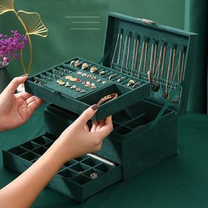 Schmuckschatullen Schöner 3-lagiger Flanell-Schmuck-Organizer Geschenkbox Halsketten Ohrringe Ringe Display Make-up-Etui für Frauen Große Kapazität mit Schloss 230606