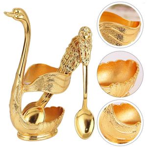 Dinnerware Sets Gold Creative Set Decorative Swan Base Holder With 6 Spoons Forks For Coffee Fruit Dessert Stirring Mixing Teaspoon