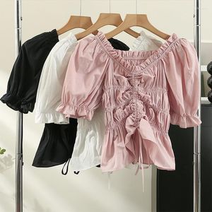 女性のブラウスBlusas Feminina Elegantes Shirring V-Neck Blouse Women Short Puff-Sleeve Blusa