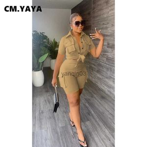 Calça feminina de duas peças CM.YAYA INS Conjunto feminino manga curta com bolso frontal e shorts com bolso lateral Terno 2023 Cargo Two Conjunto de 2 peças Conjunto de treino J230607