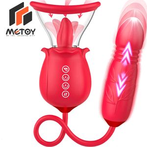 Metoy Upgrade Doppia stimolazione del sesso rosa con 7 leccate di lingua 3 Vibratore di spinta Dildo Capezzolo clitorideo Piacere rapido