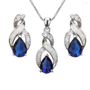 Collana Orecchini Set Hermosa Natural Fire White Opal Sapphiree Silver Color Charms Ciondolo per donna JS3