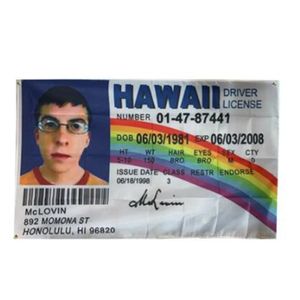 90x150cm 3x5 fts McLovin Flag Falso ID Driver License Banner Bandiera personalizzata con due occhielli in ottone