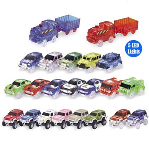 Diecast Model Magical Tracks Светодиодные световые электроники автомобиль игрушек 5 красочные огни детские игрушки для головоломки подарки на день рождения 230605