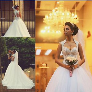 2021 Sweetheart Saudi Arabic Backless Winter Wedding Dresses Zipper Back Applices Pärled Bodice Sheer Ball Gown Organza Bridal Go209u