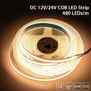 5 m/lote COB LED Strip Light 480 LEDs/m 8 mm 16,4 pés Fita Fita Flexível de Alta Densidade RA90 3000K-6500K DC12V 24V Fita Led Light