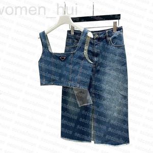 Two Piece Dress designer Women Denim Sexy Jean Crop Top Metal Badge Jeans Tops Vintage Style Dresses