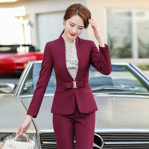 Calças femininas de duas peças elegantes vinho senhoras escritório formal mulheres negócios roupas de trabalho ternos OL Styles terninhos profissionais blazers roupas