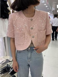 Women's Jackets 2023 Summer Small Fragrance Female Fashion Design Sequined Pink Tweed Coat Vintage Women Elegant Office Lady Outwear