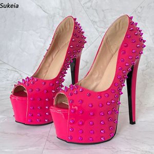 Sukeia Handmade Women Heels Pumps Waterproof Peep Toe Sexy Studded Stiletto Heels Fuchsia Party Shoes Ladies Plus US Size 5-20