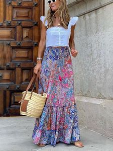 Spódnice Wildpinky Boho Ties Tassels Drukuj Kobiety Summer Eleganckie długie długość wysokiej talii Casual Ruffles Aline Beach 230607