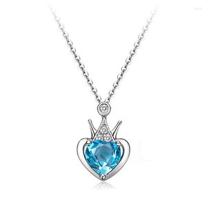 Pendant Necklaces Exquisite And Elegant Crown Peach Flower Heart-shaped Imitation Sea Blue Topaz Bone Chain