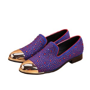 Круглые золотые носки мужские кожаные туфли для ботинки мужская страза Red/Blue Party и свадебные туфли, большой размер US6-12 2123,