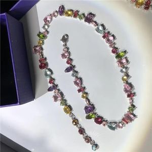 Correntes Sweetheart Candy Colored Crystal CZ Colar Light Luxury High Grade Love Rainbow Collar Chain Bracelet For Women