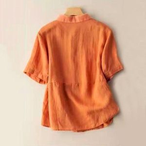 Blusas femininas Camisas de botão de linho femininas Mangas curtas Decote redondo Escritório Casual Negócios Tops Meio que quer malhar Soneca