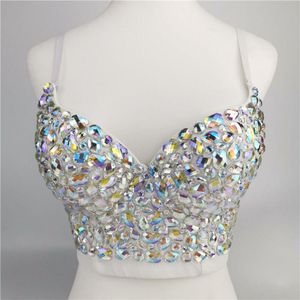 T-Shirt Damen Sexy AB Farbiger Strass Bustier Crop Top Spaghettiträger Push Up Schmuck Bralette Glitzer Club Party Korsett BH Weste