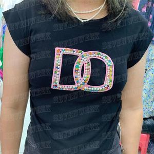 Canotta da donna Luxury Pearl Diamond Letter T-shirt pieghettata aderente canotte