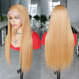 #27 Honey Blonde 13 4 Lace Frontal Wig Pure Color Pre-colored Brazilian Human Hair Wigs 32 Inches 150% Density Front