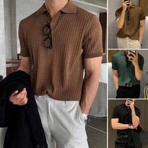 Men's T-Shirts Lapel Short Sleeve Buttons Half Placket Loose Men T-shirt Summer Solid Color Knitting Ribbed Shirt Top Streetwear 230606