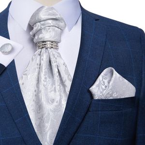 Neck Ties Men Luxury Silver Paisley Silk Ascot Tie Set Wedding Party Cravat White Handkerchief Cufflinks Necktie Ring Sets DiBanGu 230605