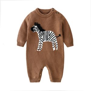 Rompers Baby Rompers Autumn Brown Long Sleeve Born Boys Girls Sticked Sweaters Jumpsuits Winter Toddler Spädbarnskläder bär 230606