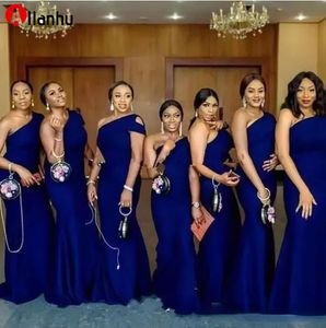 2022 Royal Blue One Shoulder Mermaid Bridesmaid Dresses Sweep Train Simple African Country Wedding Guest Gowns Maid Of Honor Dress3645147