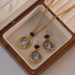 Klassische Vintage-Halskette im französischen Vintage-Stil, antike Münze, eingelegt mit Lapislazuli-Figur, Halskette, Ohrringe, Luxusschmuck, Ehfg88