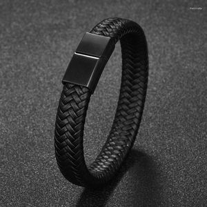 Charm Bracelets Punk Men Black Brown Braided Leather Bracelet Stainless Steel Magnetic Clasp Bangles Fashion Jewelry Gift 18.5/20.5/22cm